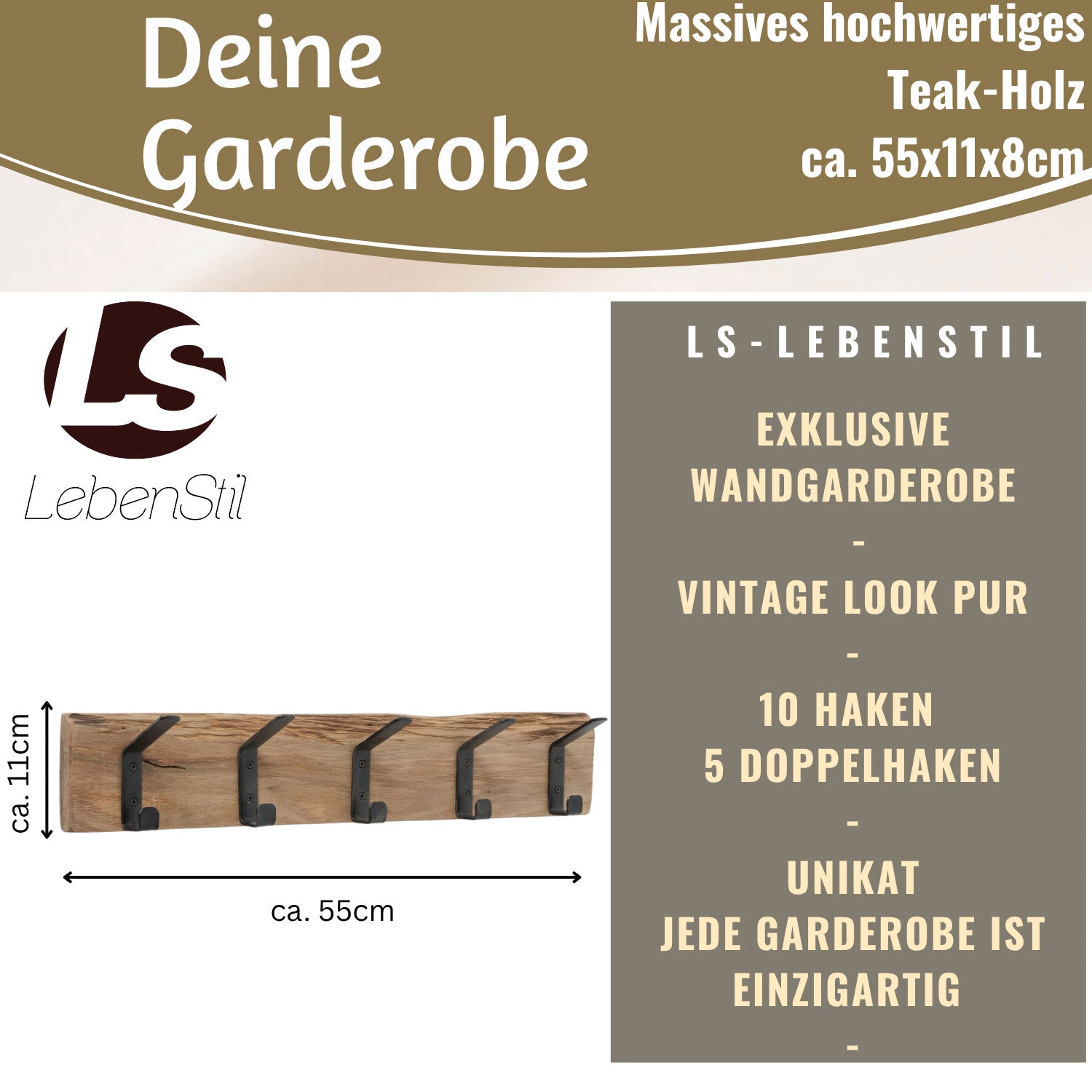 LS-LebenStil Möbel Wohnen Wandgarderobe Eiche 55cm braun 5 Haken