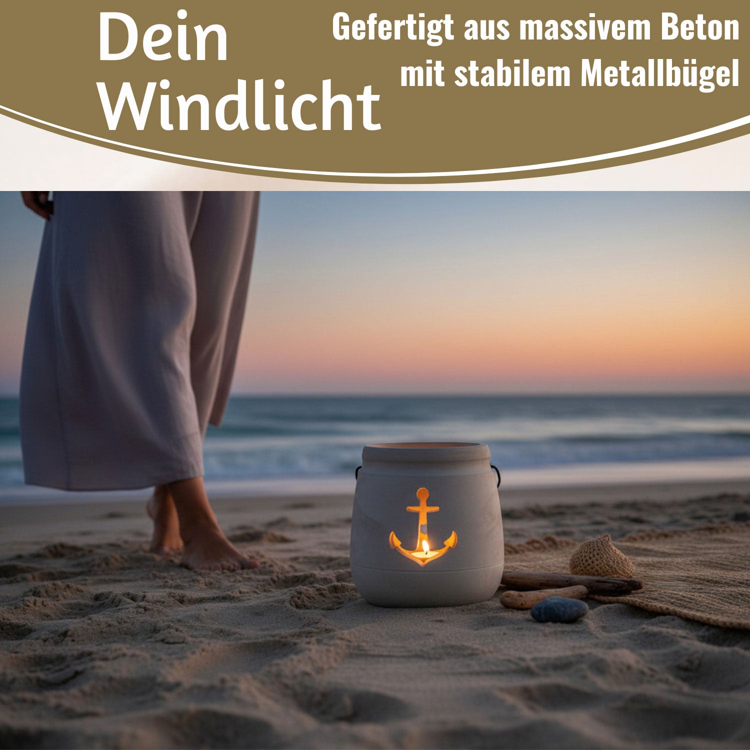 Ib Laursen Windlicht Beton Anker grau 13cm mit Henkel