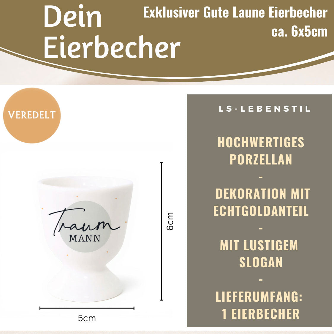 LS-LebenStil Küche Eierbecher Traummann Echt-Gold Porzellan