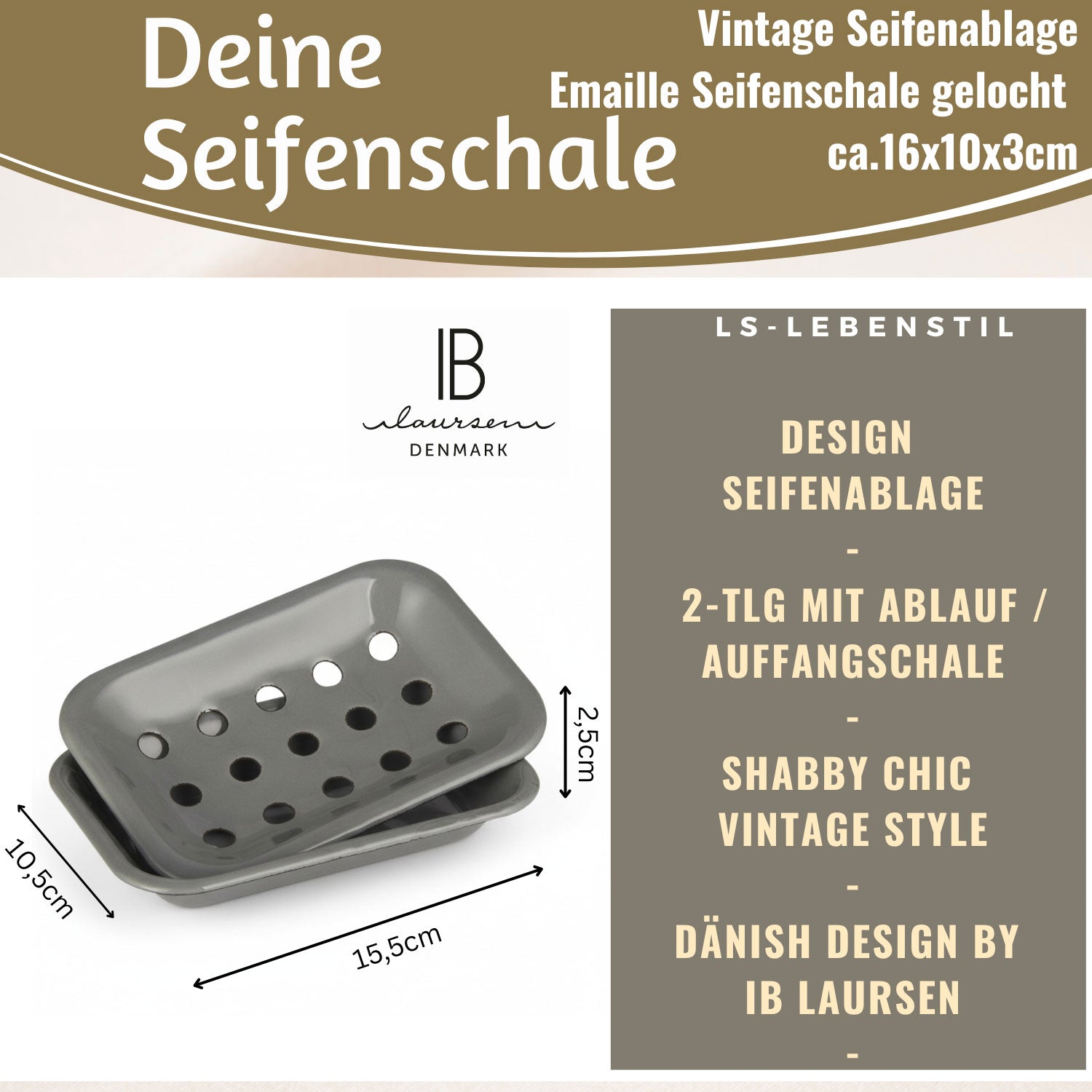 LS-LebenStil Altum Seifenschale grau Emaille 15 cm 2-tlg