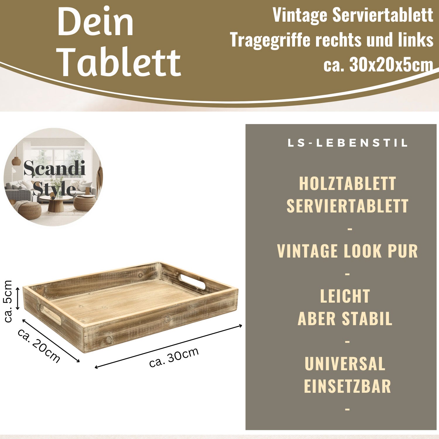LS-LebenStil Küche Serviertablett Oslo Grau 30x20x5cm Holz