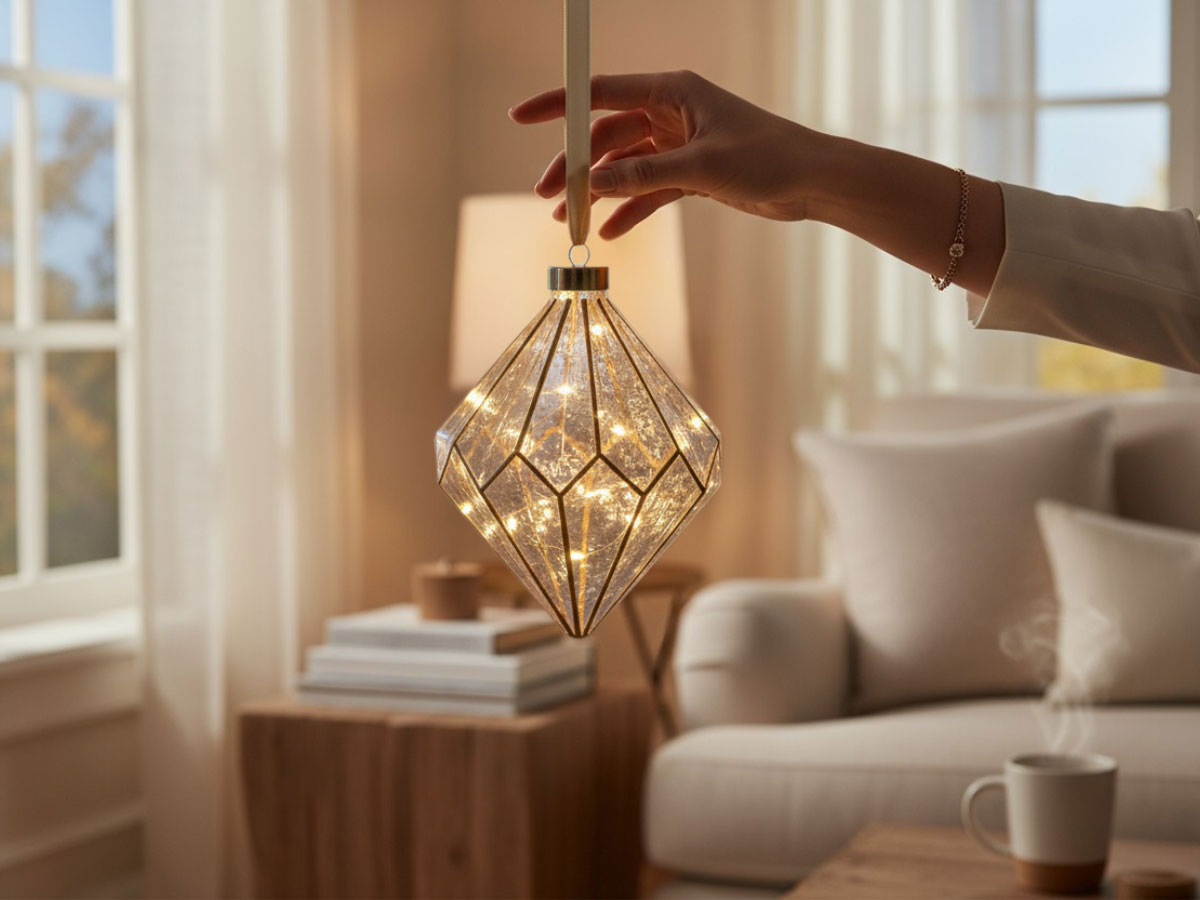 LS-LebenStil Kampen Lichtkugel Glas Gold 15 LED 16cm Timer