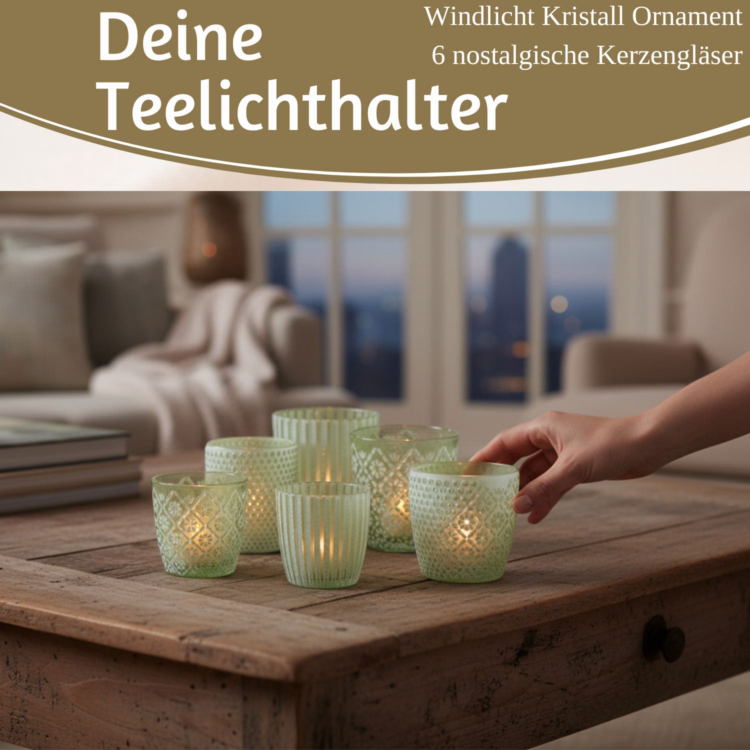 LS-LebenStil Küche & Haushalt Teelichthalter Glas Grün Weiß 6er Set