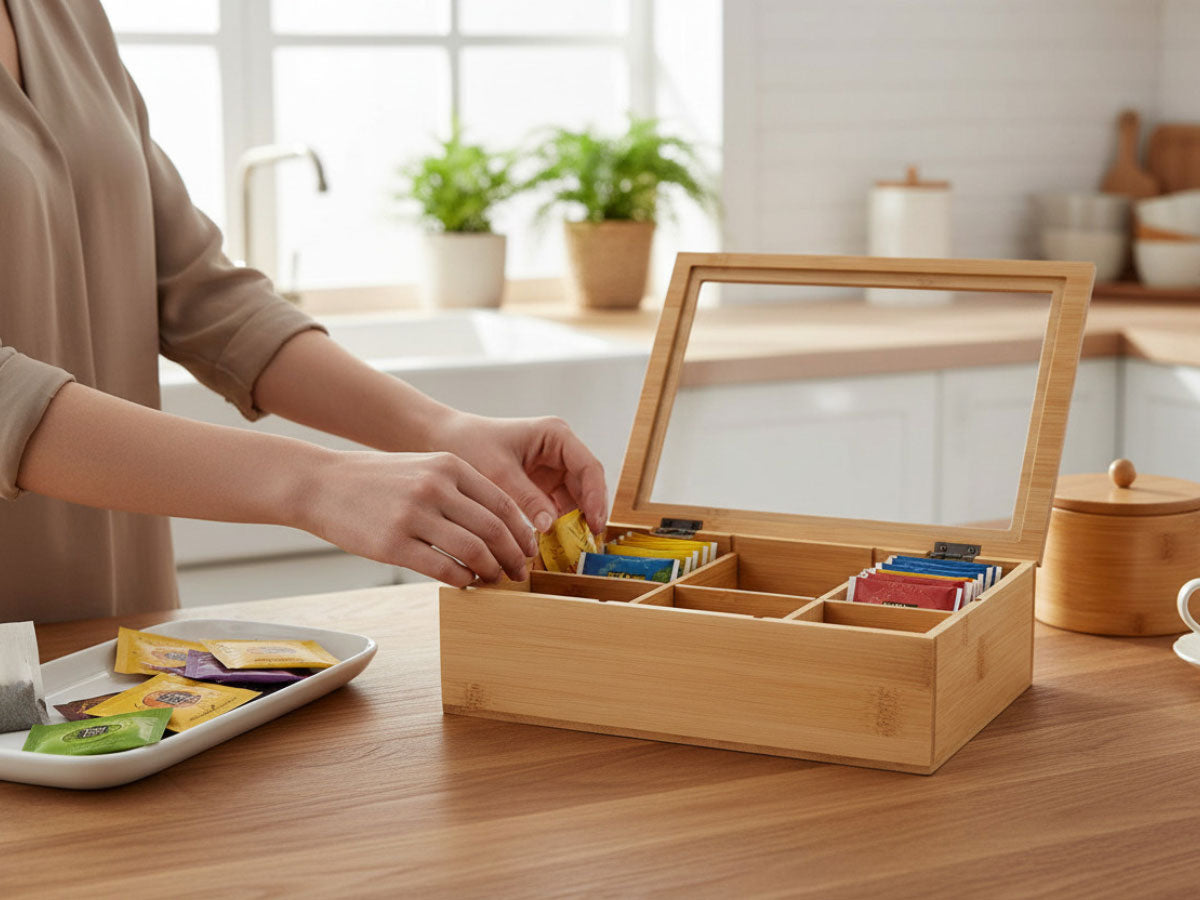 LS-LebenStil Teebox Bambus Holzbox 6 Fächer mit Deckel