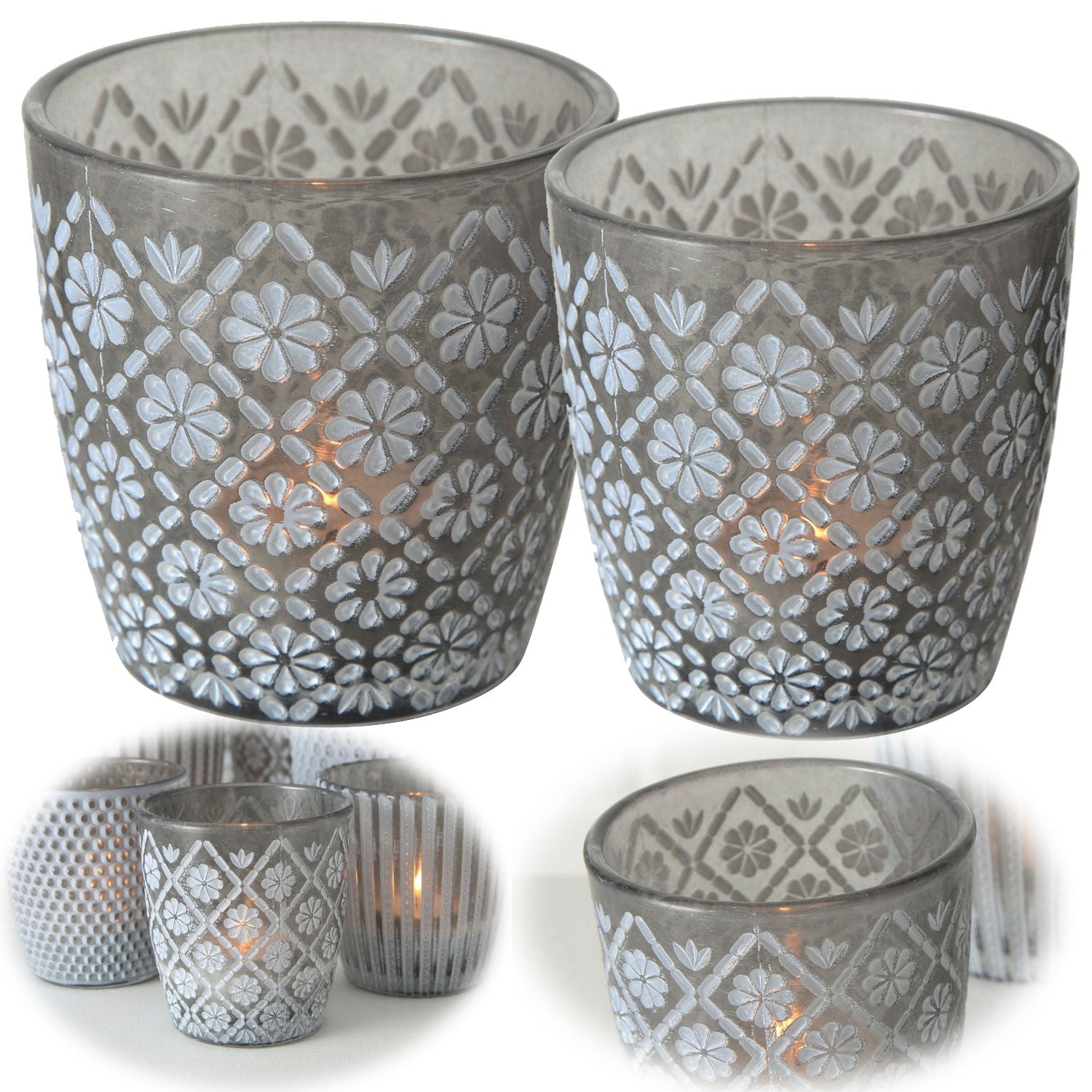 LS-LebenStil Küche & Haushalt Teelichthalter Glas Grau 2er Set Retro