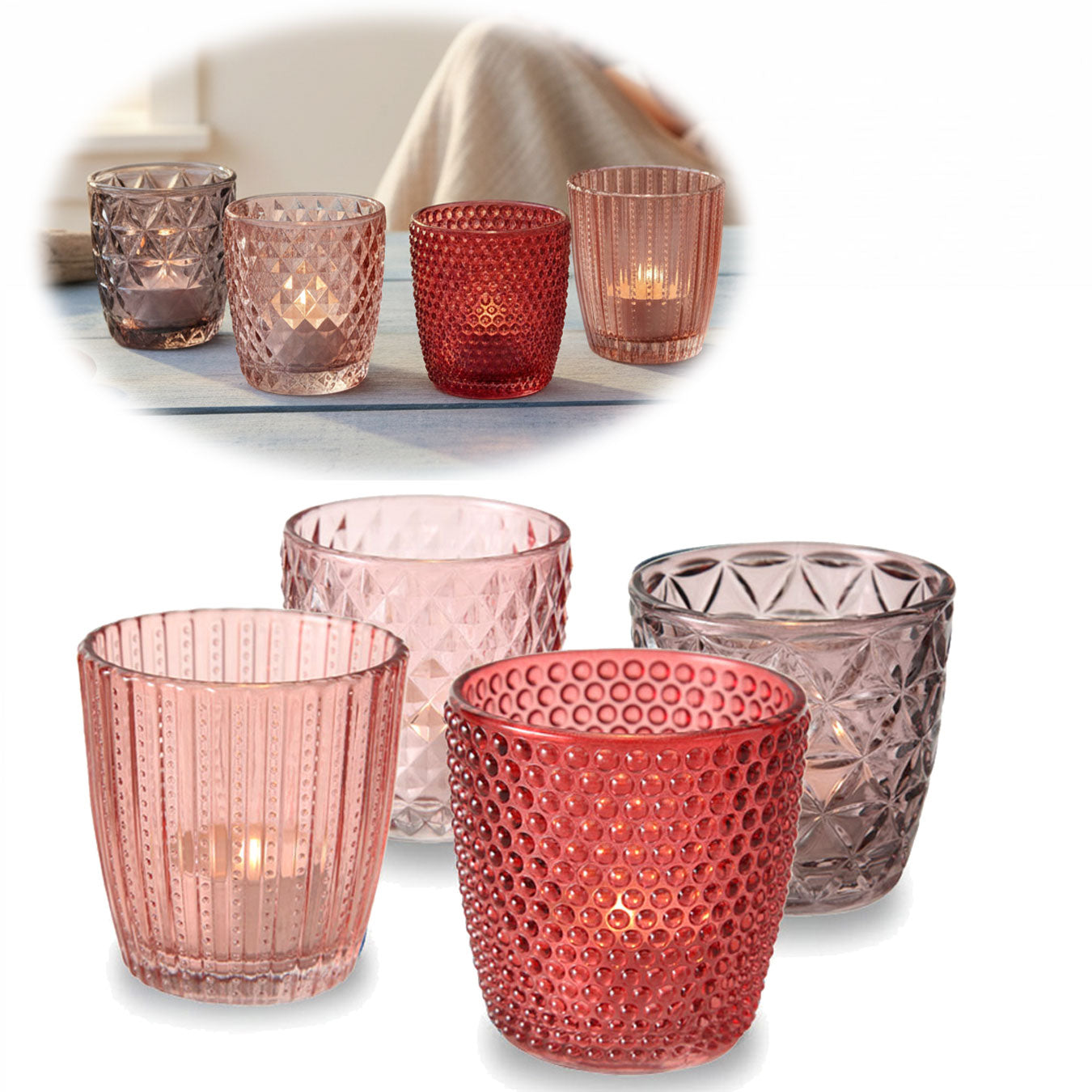 LS-LebenStil Retro Glas Teelichthalter Rosa 7cm 4er Set