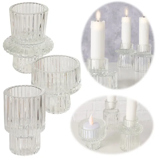 LS-LebenStil Küche & Haushalt Kerzenständer Glas Klar 7cm 3er Set