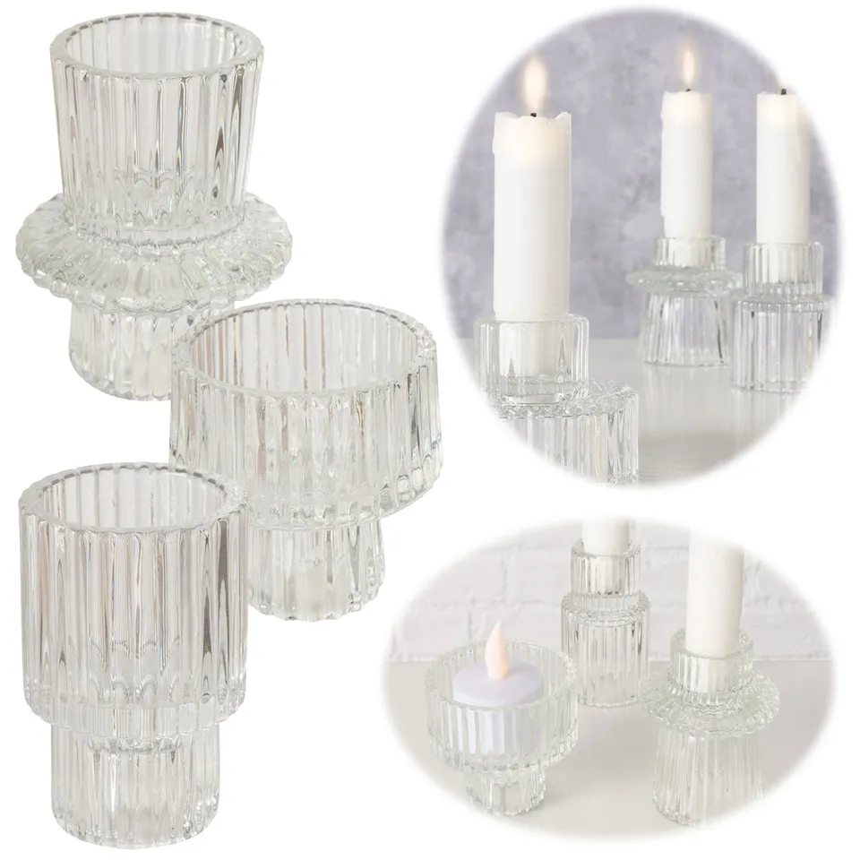 LS-LebenStil Küche & Haushalt Kerzenständer Glas Klar 7cm 3er Set