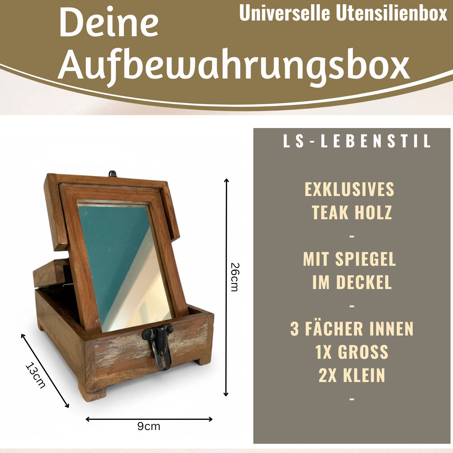 LS-LebenStil Barber Utensilienbox Teak 22cm Schmuckschatulle