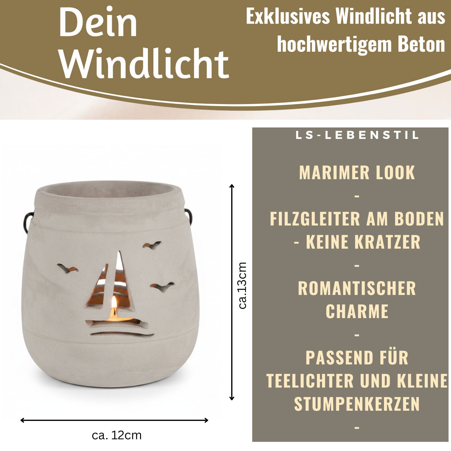LS-LebenStil Windlicht Segelboot 13cm Beton Grau Shabby Teelicht