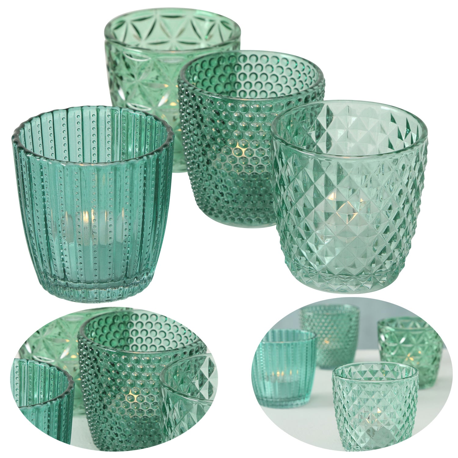 LS-LebenStil Teelichthalter Glas Retro Petrol 7cm 4er Set