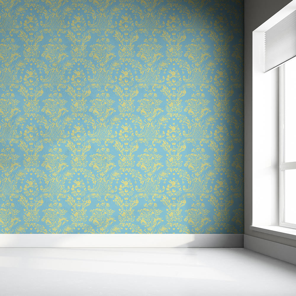 Mineheart New World Damask Tapete Blau Limette Rolle