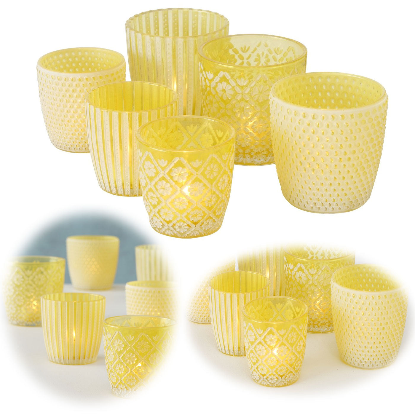 Boltze Teelichthalter Glas Retro gelb 7-9cm 6er Set Windlicht