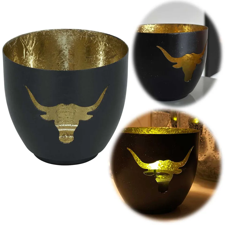 LS-LebenStil Teelichthalter Büffel Metall 9cm schwarz gold