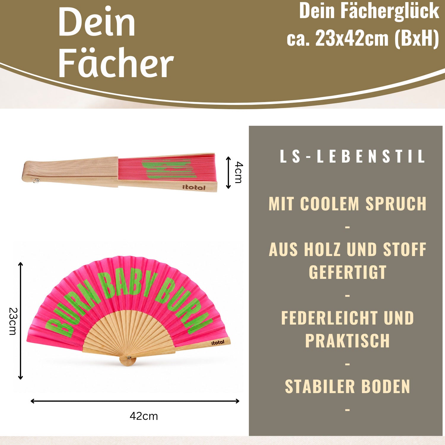 LS-LebenStil Fächer Burn Baby Burn rosa faltbar 23x42cm