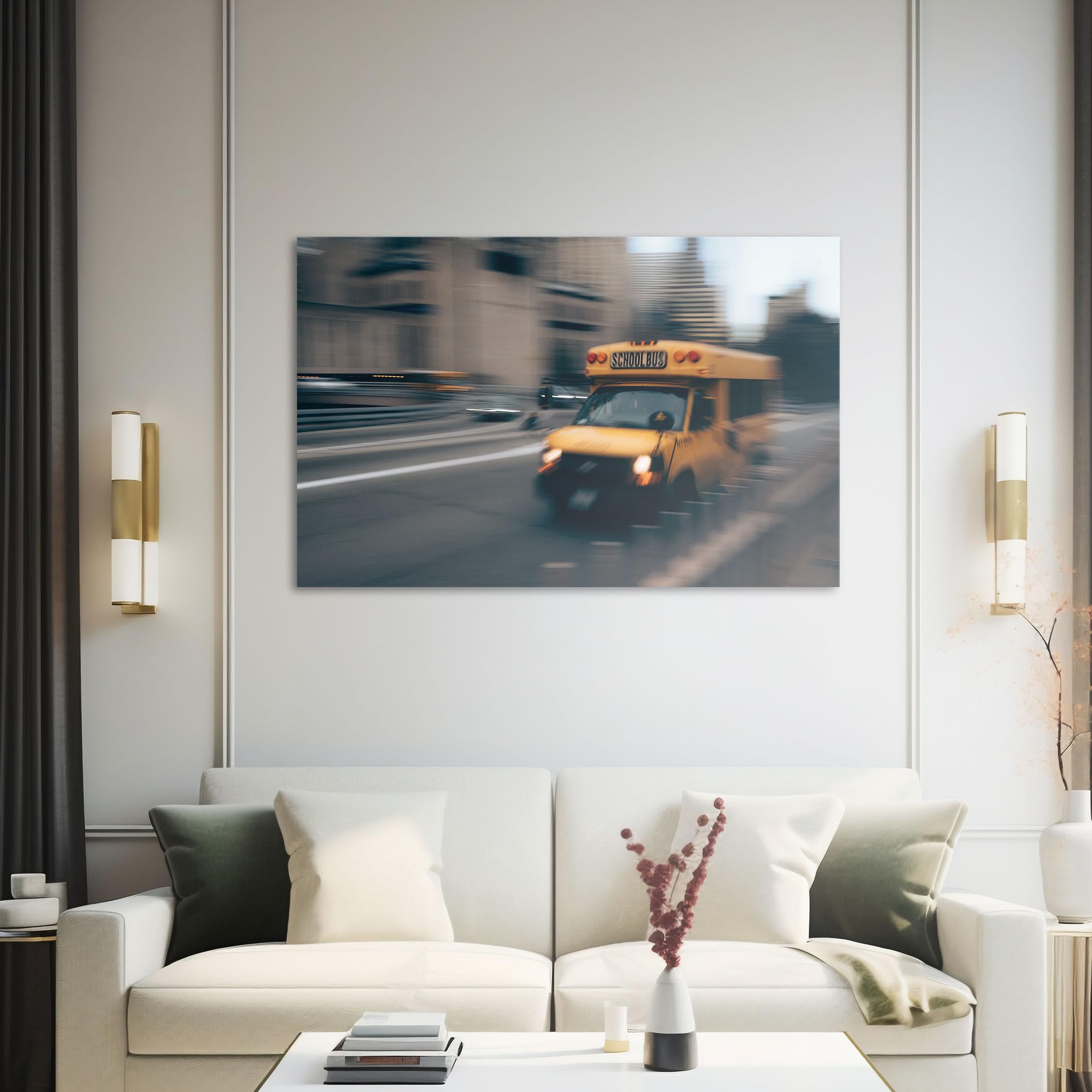 Hustling Sharks Gelber Schulbus in Bewegung Wandbild 30x40