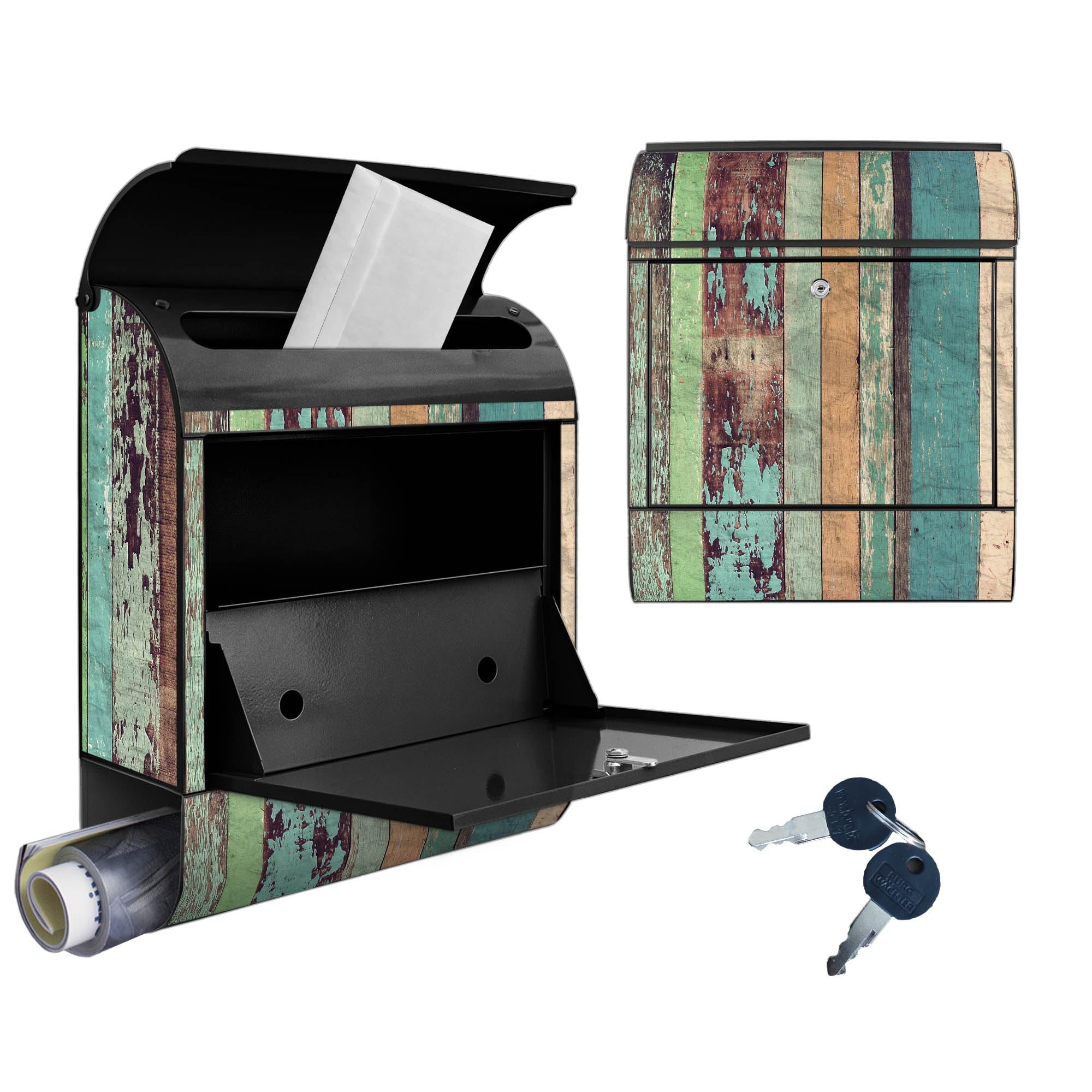 Banjado Briefkasten Bunte Bretterwand Stahl schwarz 38,5x46,5cm