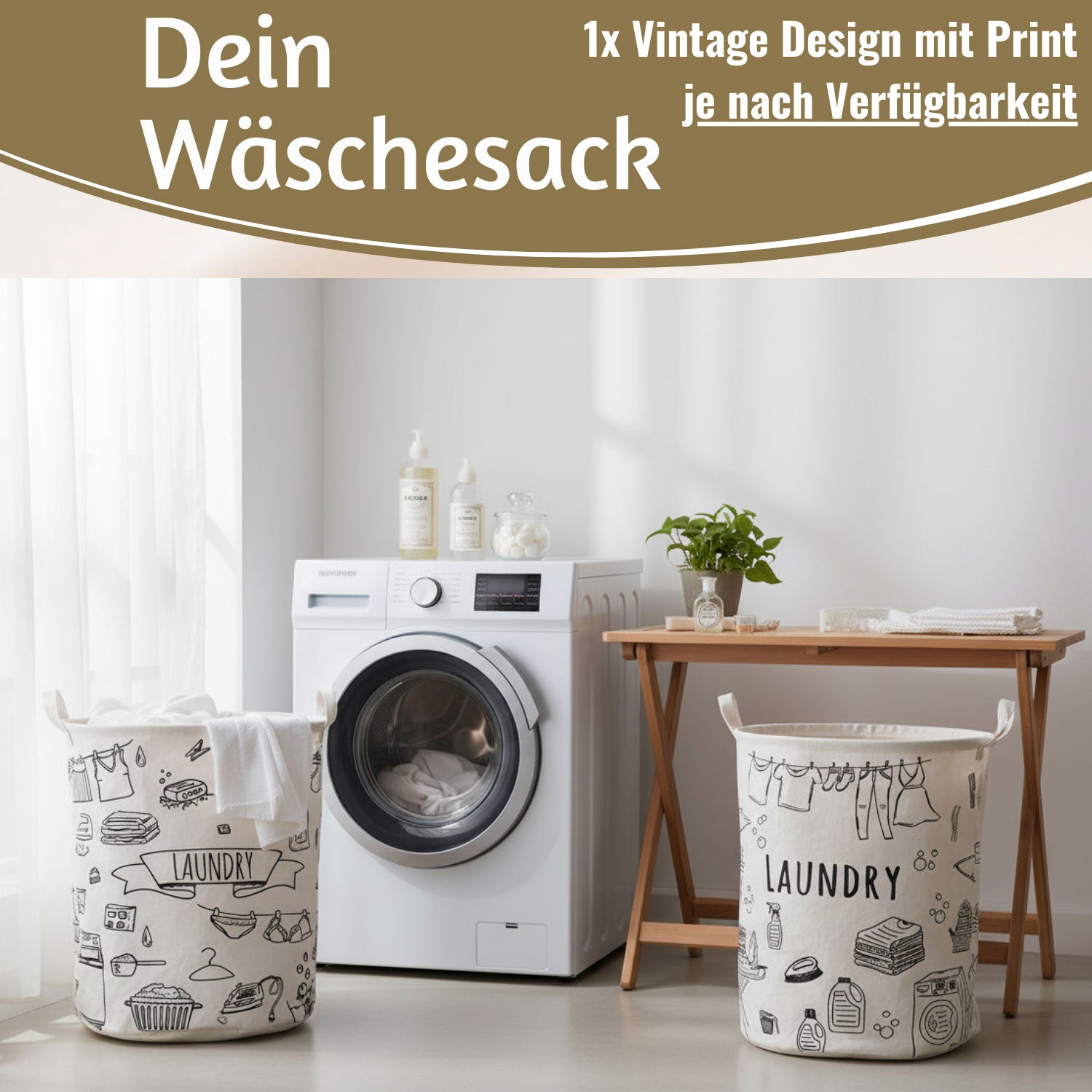 LS-LebenStil Laundry Wäschesack Canvas 62L creme 50cm faltbar