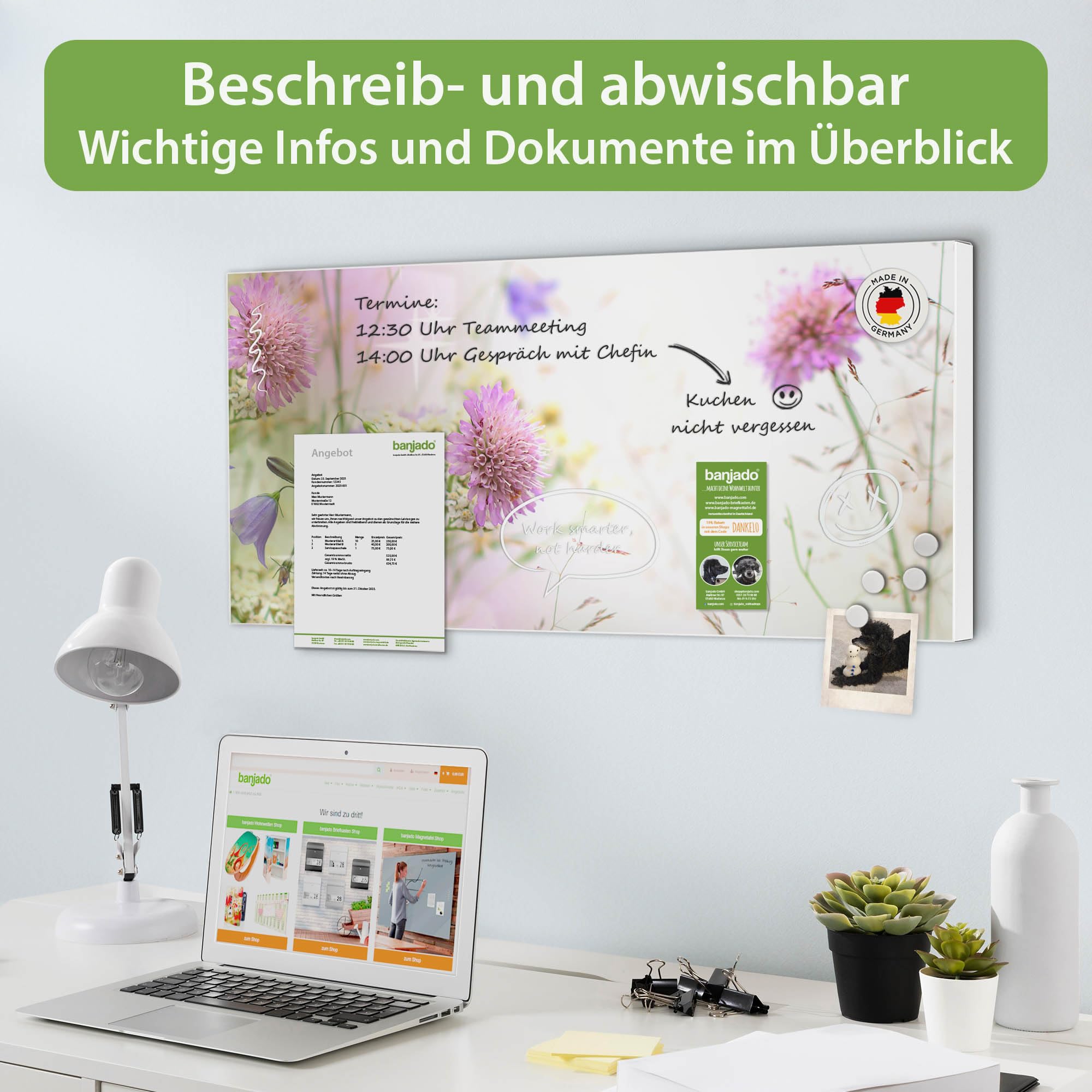 Banjado Magnettafel Glitzernde Wiese Weiß 78x37 cm
