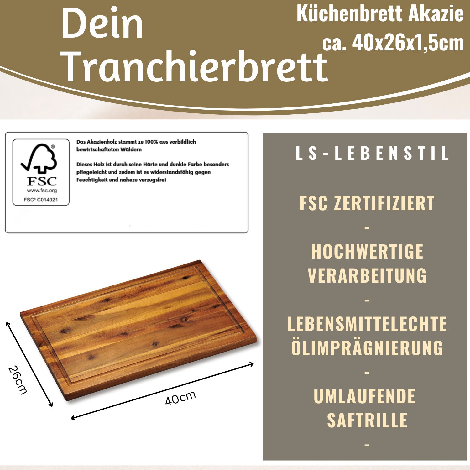 LS-LebenStil XL Schneidebrett Akazie 40x26cm mit Saftrille