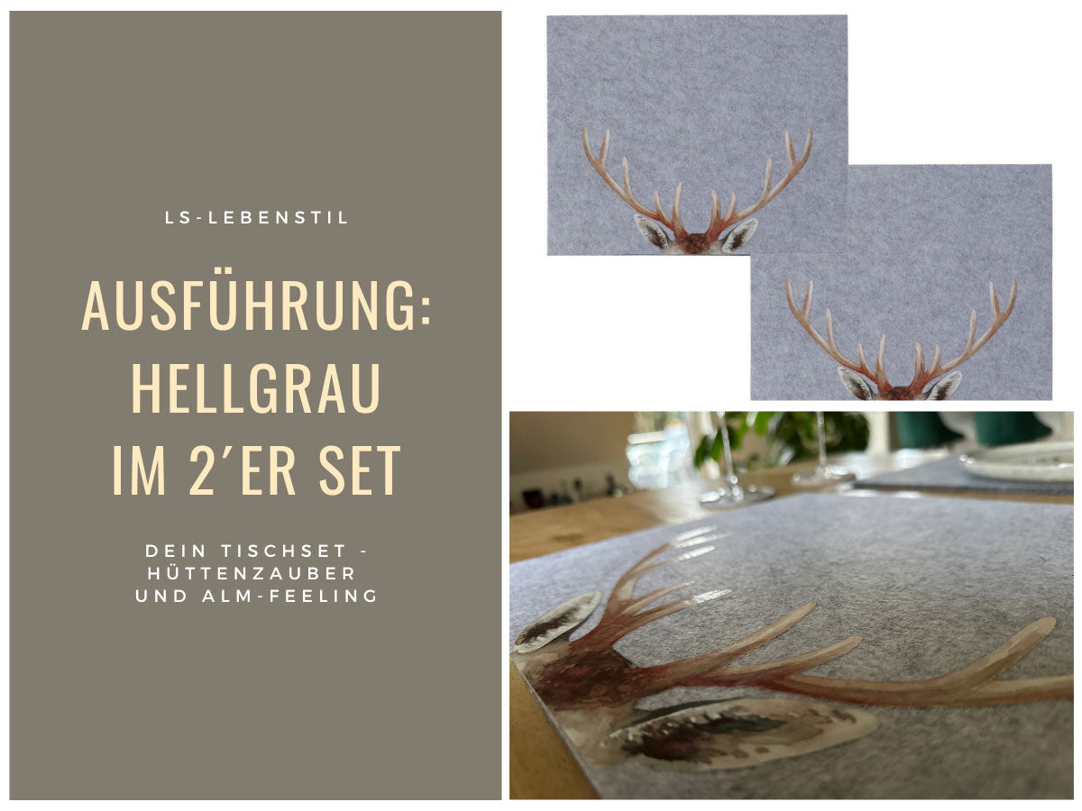 LS-LebenStil Küche & Haushalt Tischset Filz Hirsch Hellgrau 45cm 2er