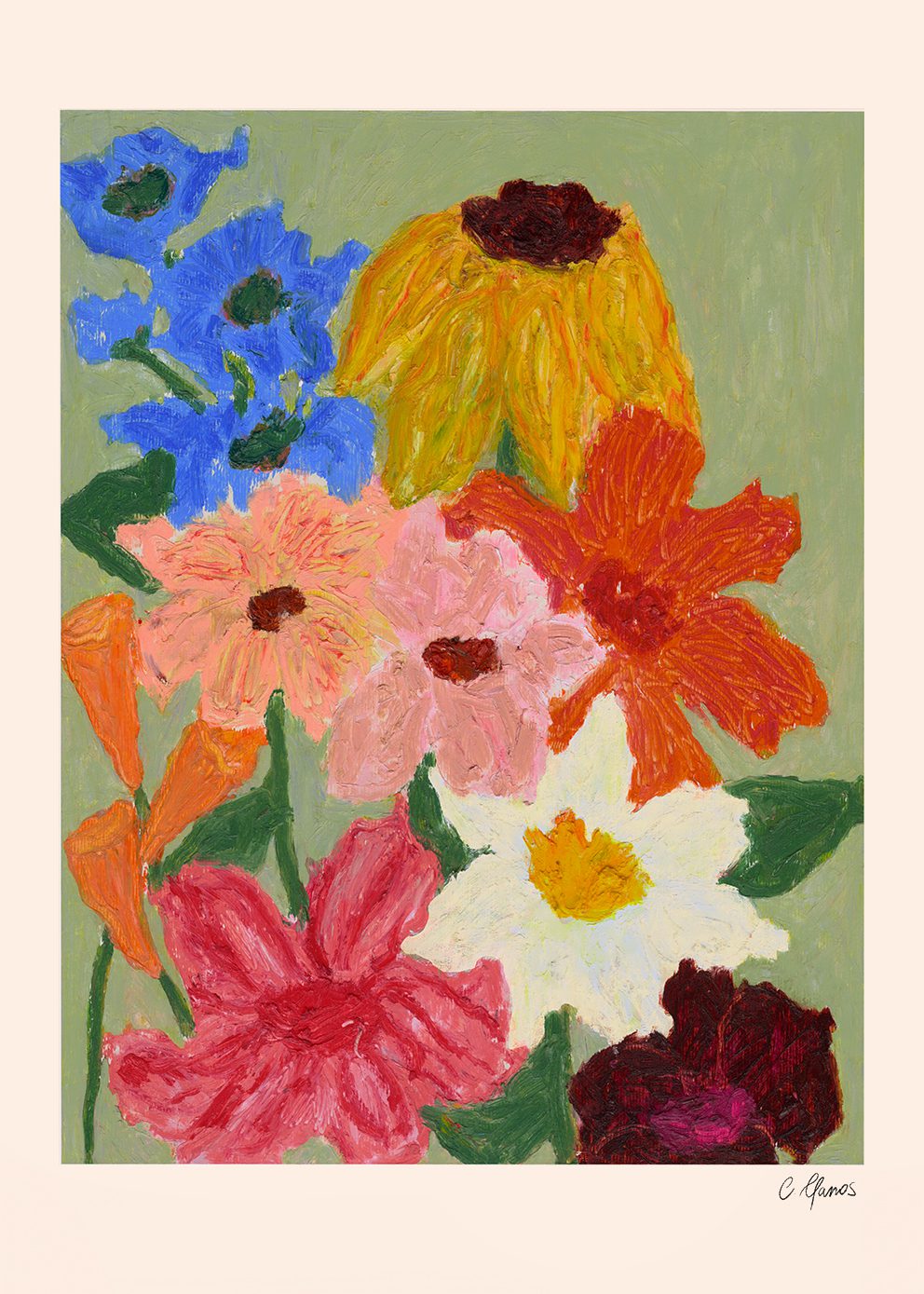 The Poster Club Art Prints Flowers on Sage Green Poster 30x40 grün