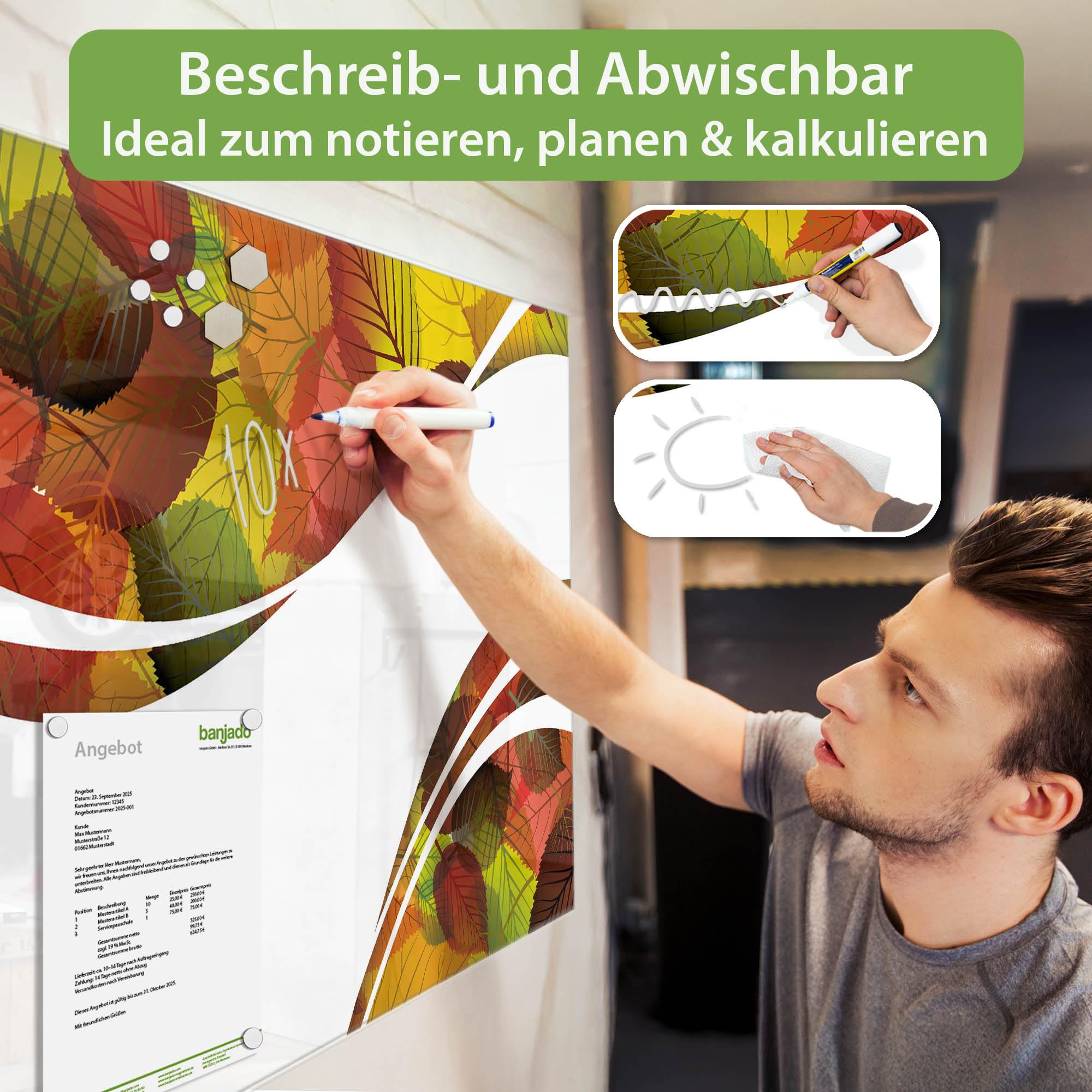Banjado Magnettafel Herbstlaub Magnettafel 120x80 cm Glas