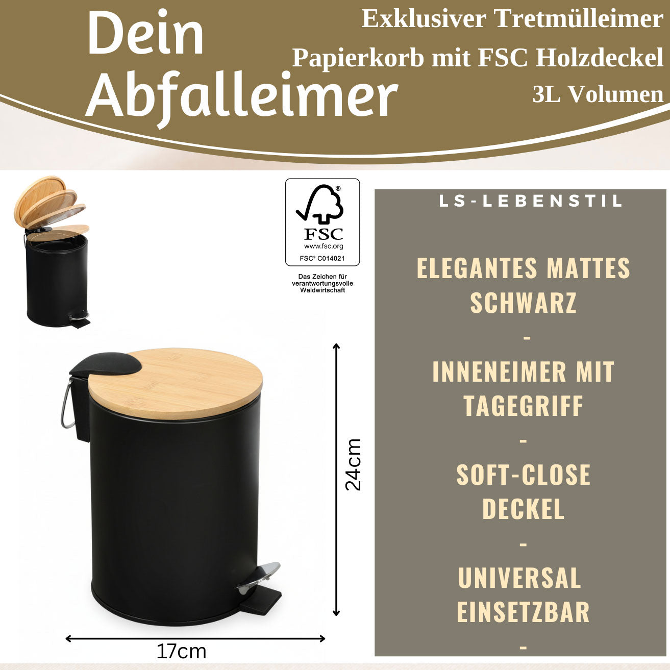 LS-LebenStil Tretmülleimer 3L Schwarz Rund Soft Close 24x17cm