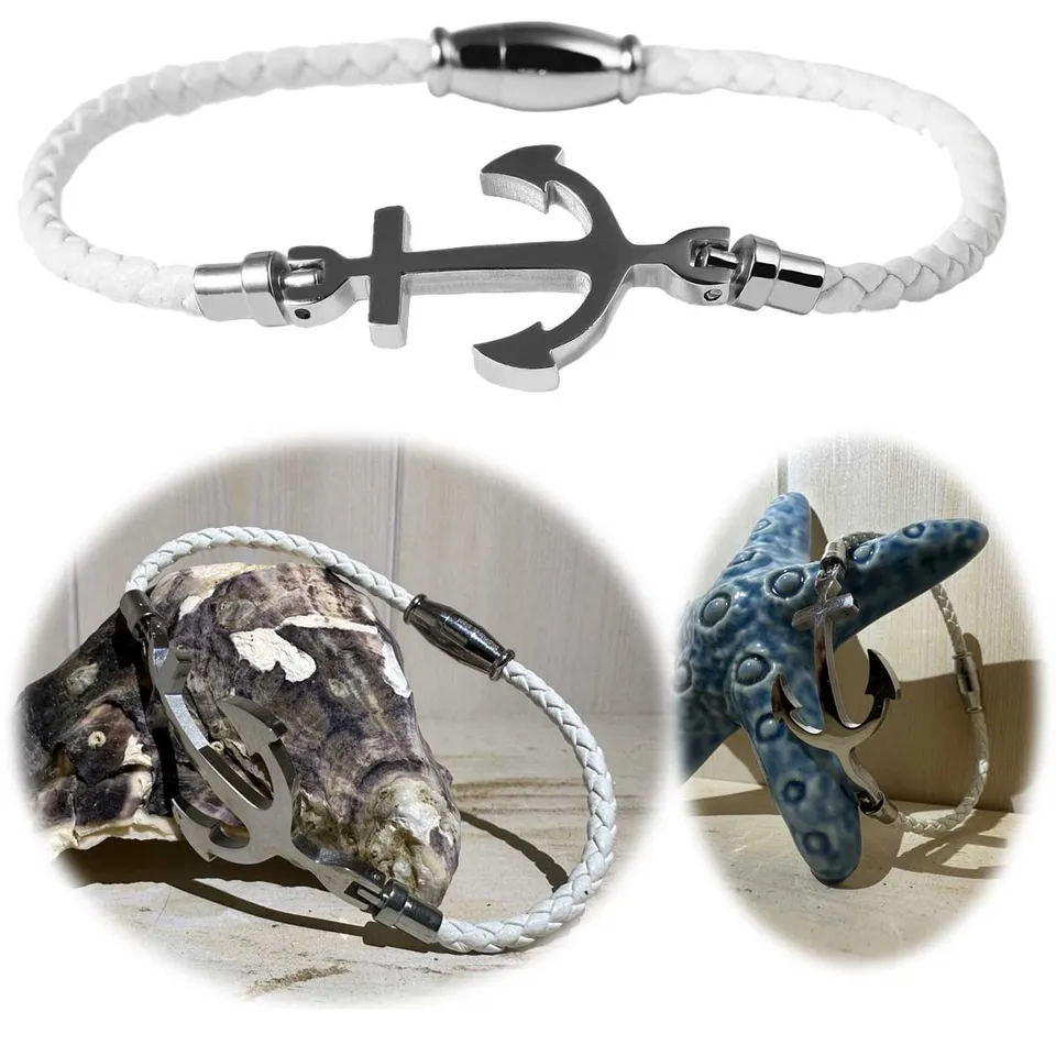 LS-LebenStil Kampen Damen Lederarmband Weiß 18cm Anker