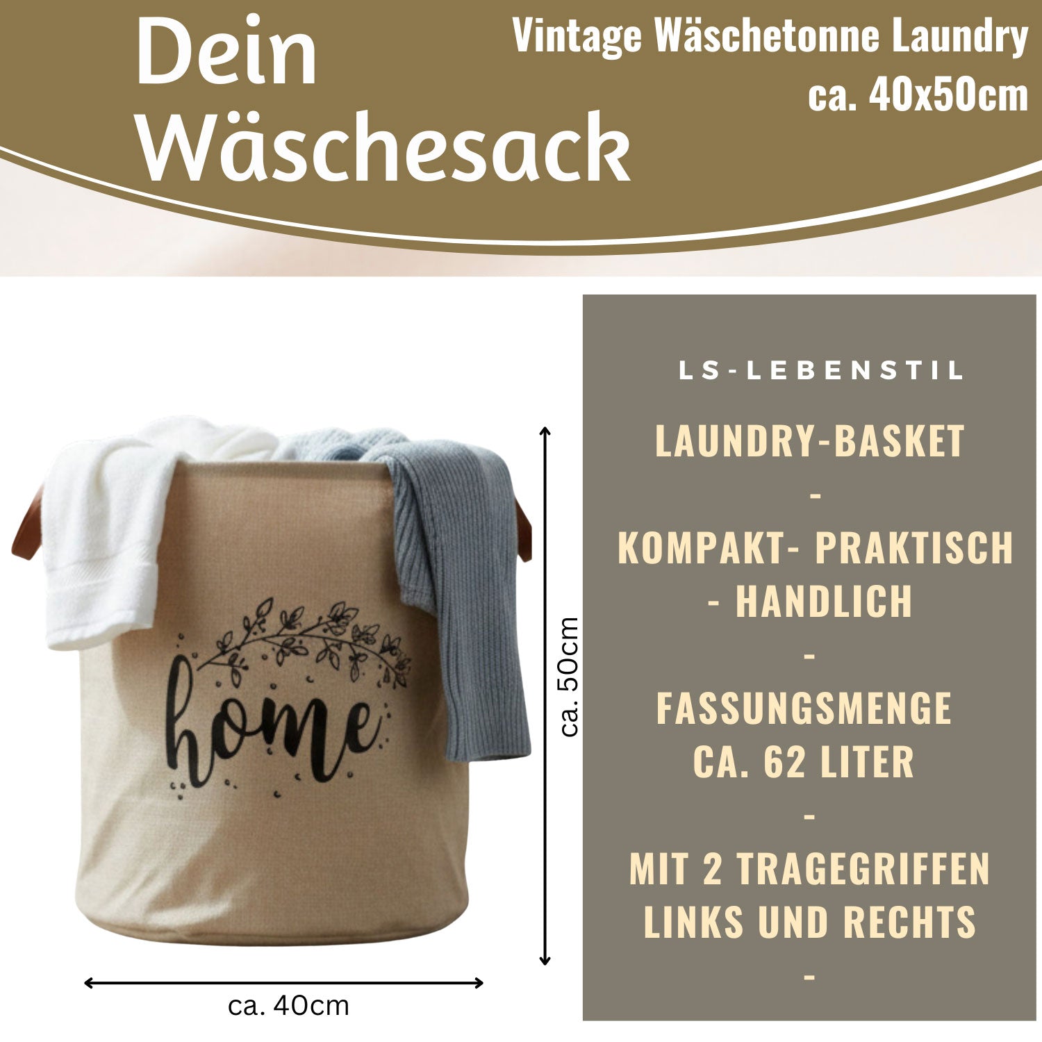 LS-LebenStil Möbel & Wohnen Vintage Home Wäschekorb 62L beige