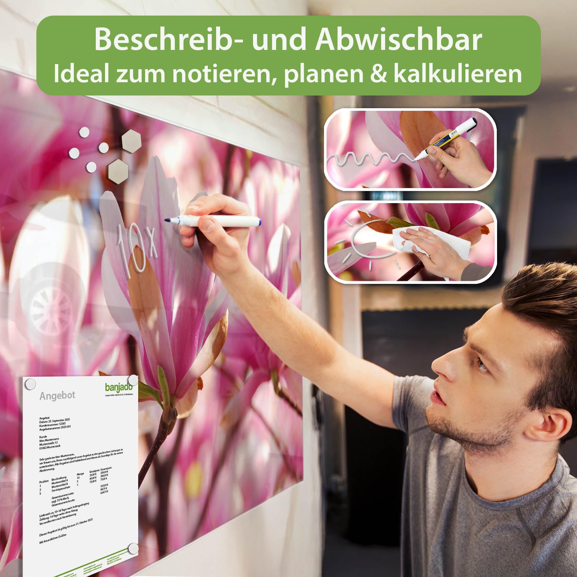 Banjado Magnettafel Magnolia Glasboard 120x80 Blumen