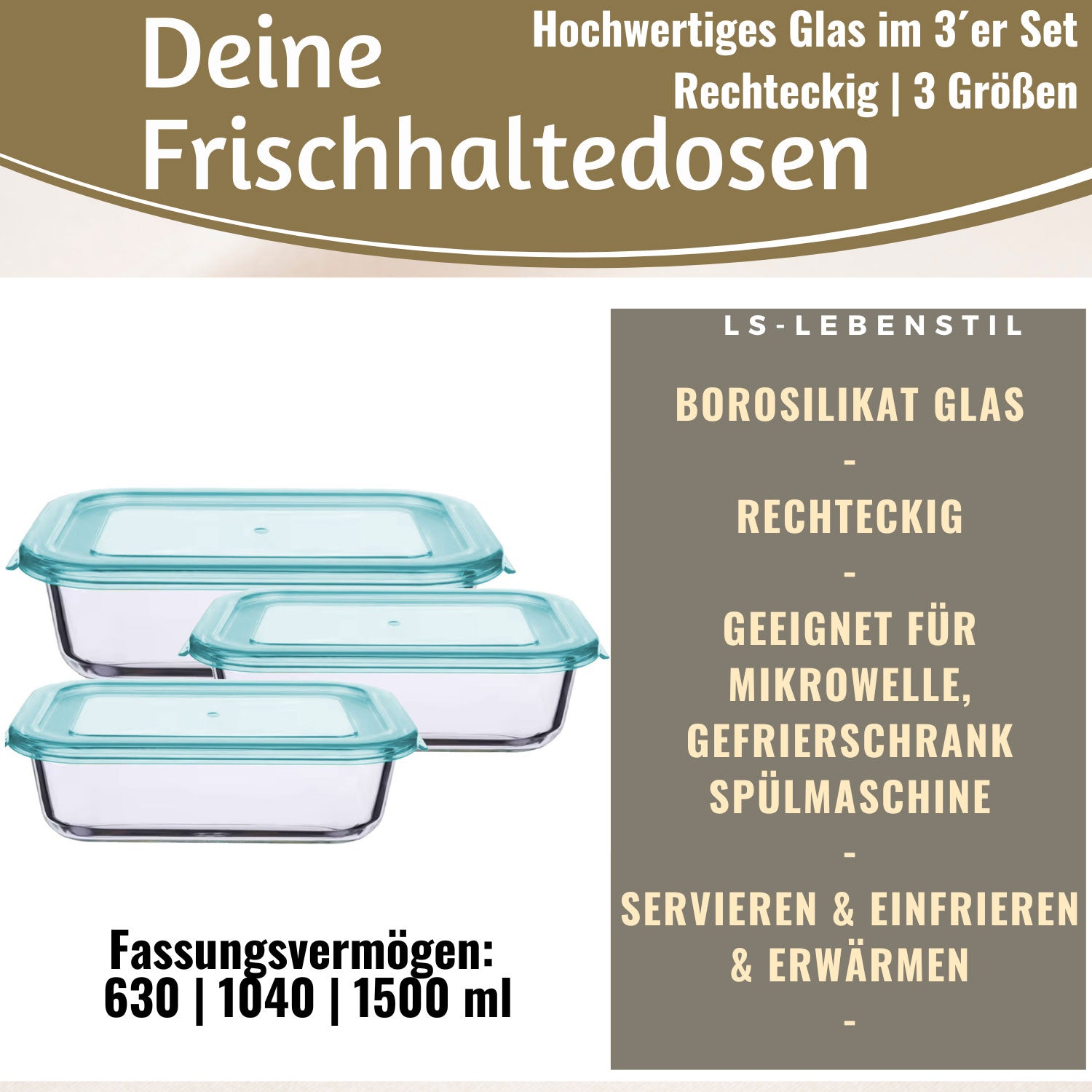 LS-LebenStil Cook & Lock Frischhaltedose Glas 3er Set eckig