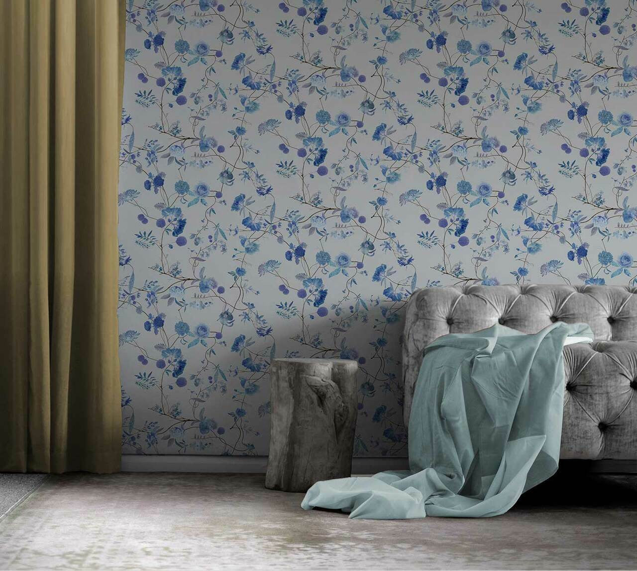 Mineheart Wallpaper Botanical Chinoiserie Tapete Weiß Blau