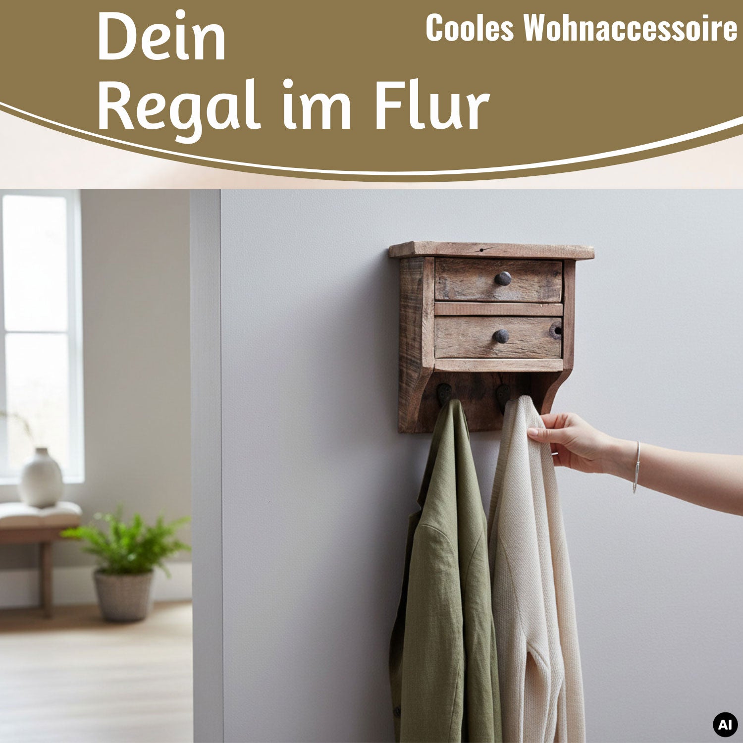 LS-LebenStil Dehli Wandregal Holz 25cm mit 2 Haken Braun
