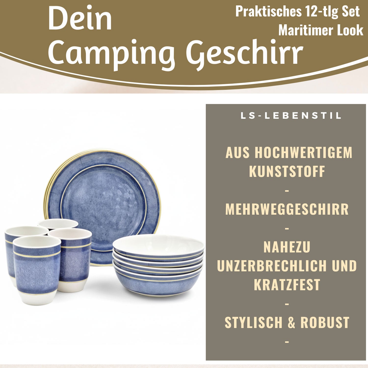 LS-LebenStil Camping Geschirr Set 12tlg Maritim 4 Personen