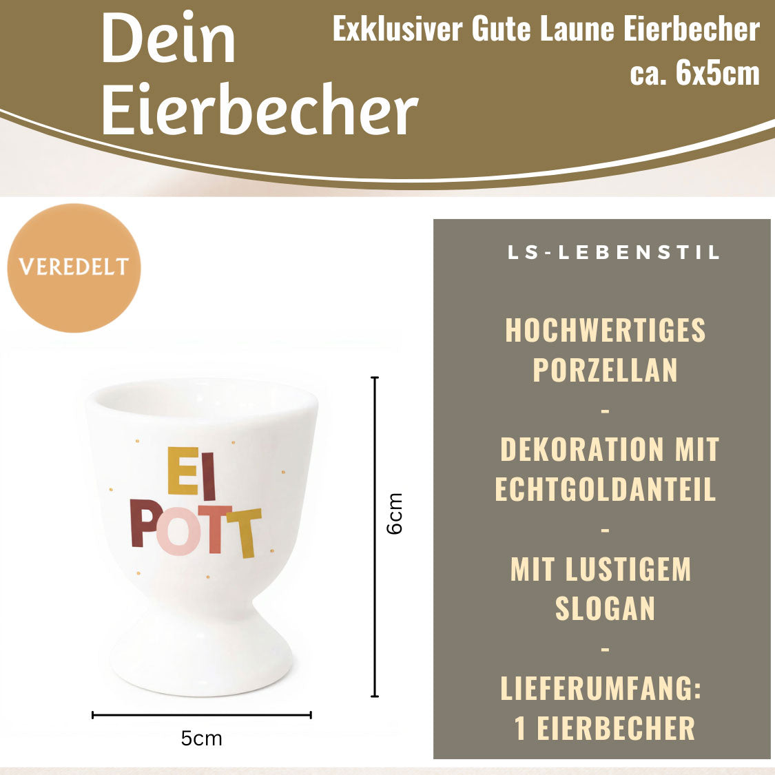 LS-LebenStil Ei Pott Eierbecher Echt-Gold Porzellan Weiß Gold