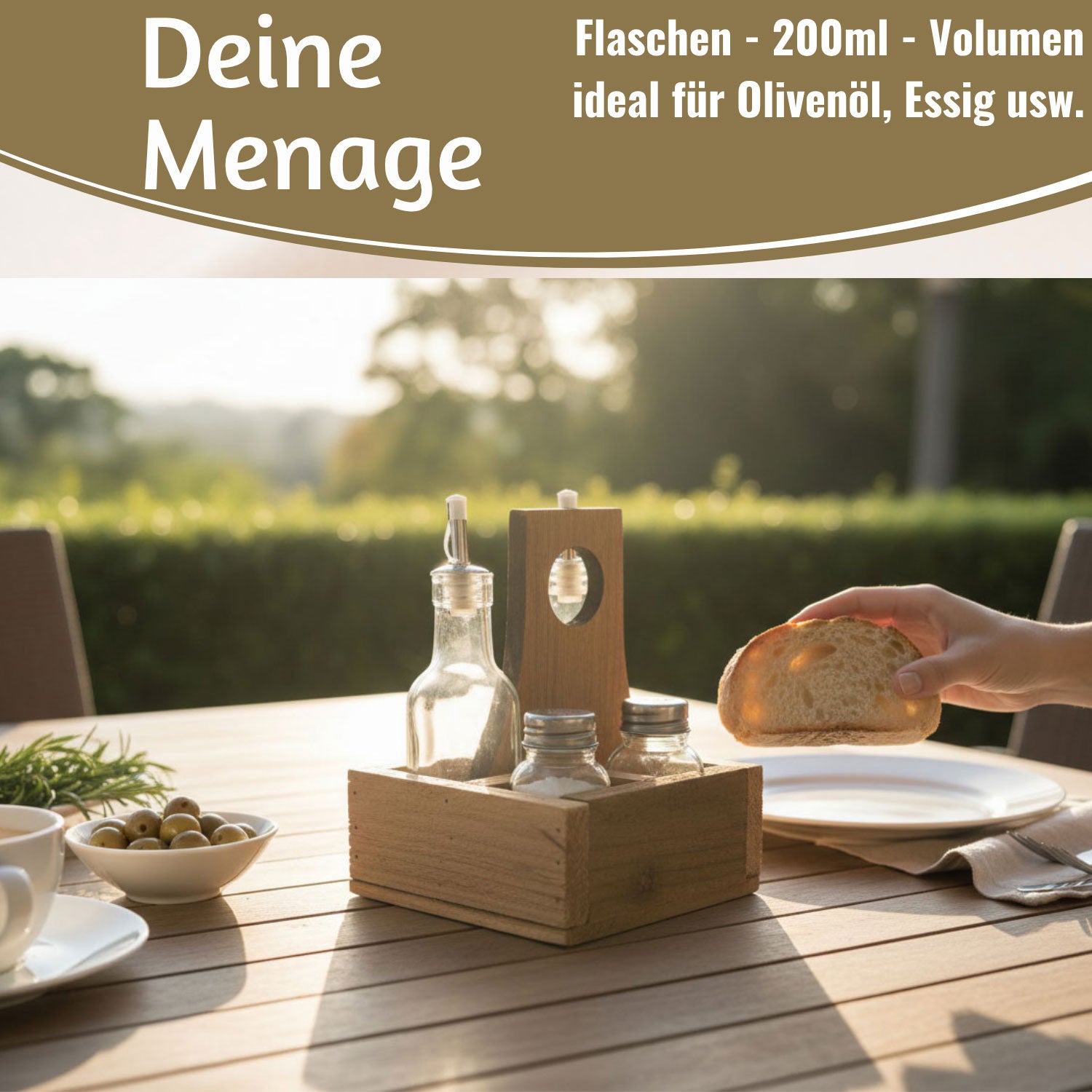 Holz Menage Essig-Öl-Spender Set 5-teilig 200ml mit Streuern
