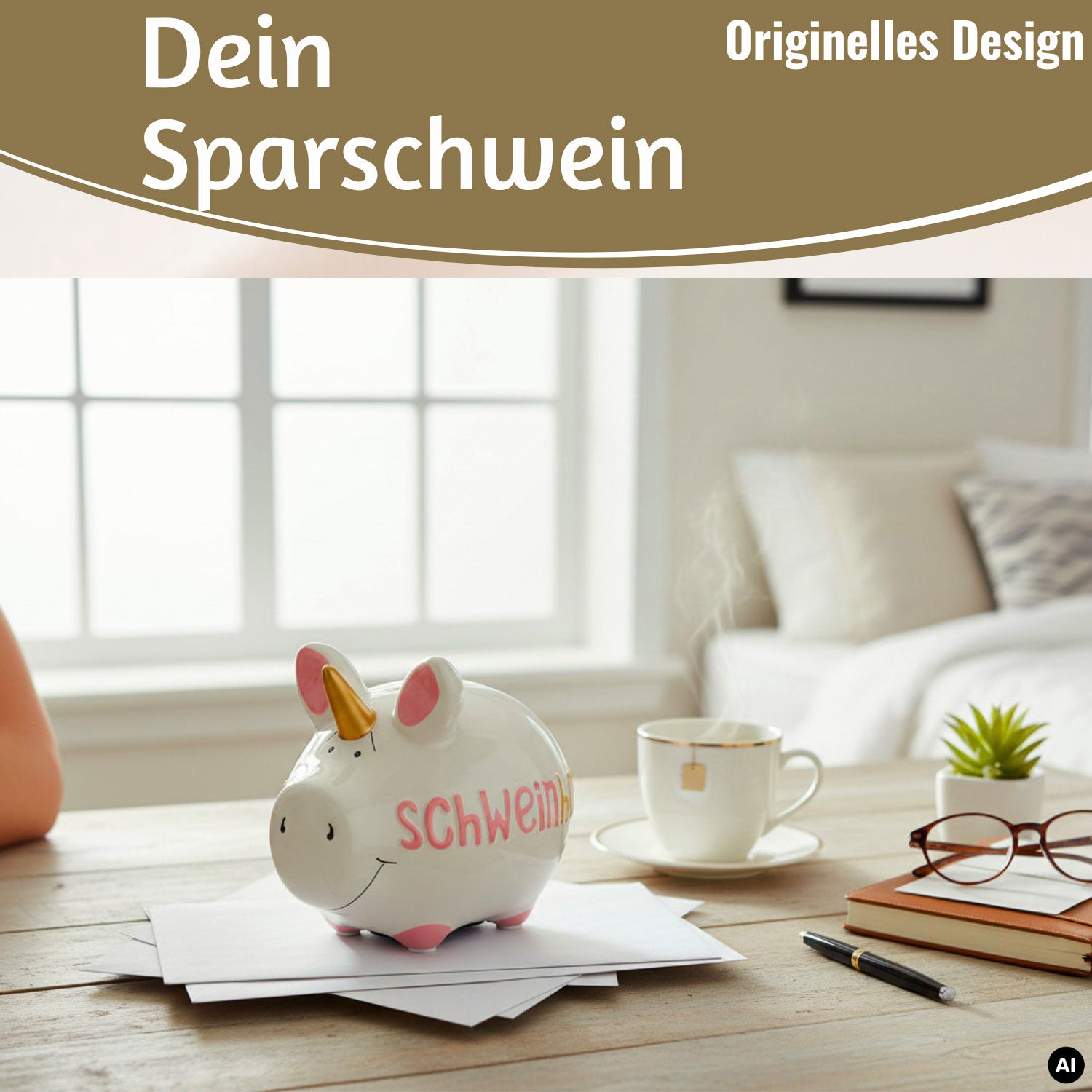 LS-LebenStil Möbel Wohnen Schweinhorn Spardose Weiß Rosa