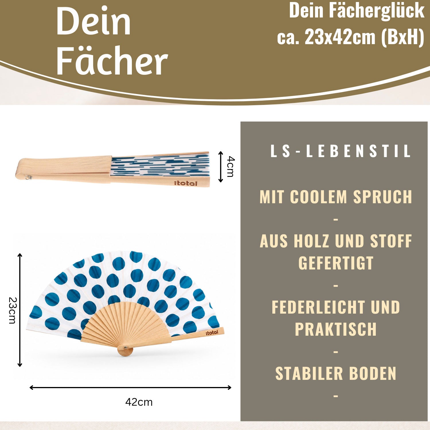 LS-LebenStil Handfächer Holz Stoff Punkte Weiß Blau faltbar