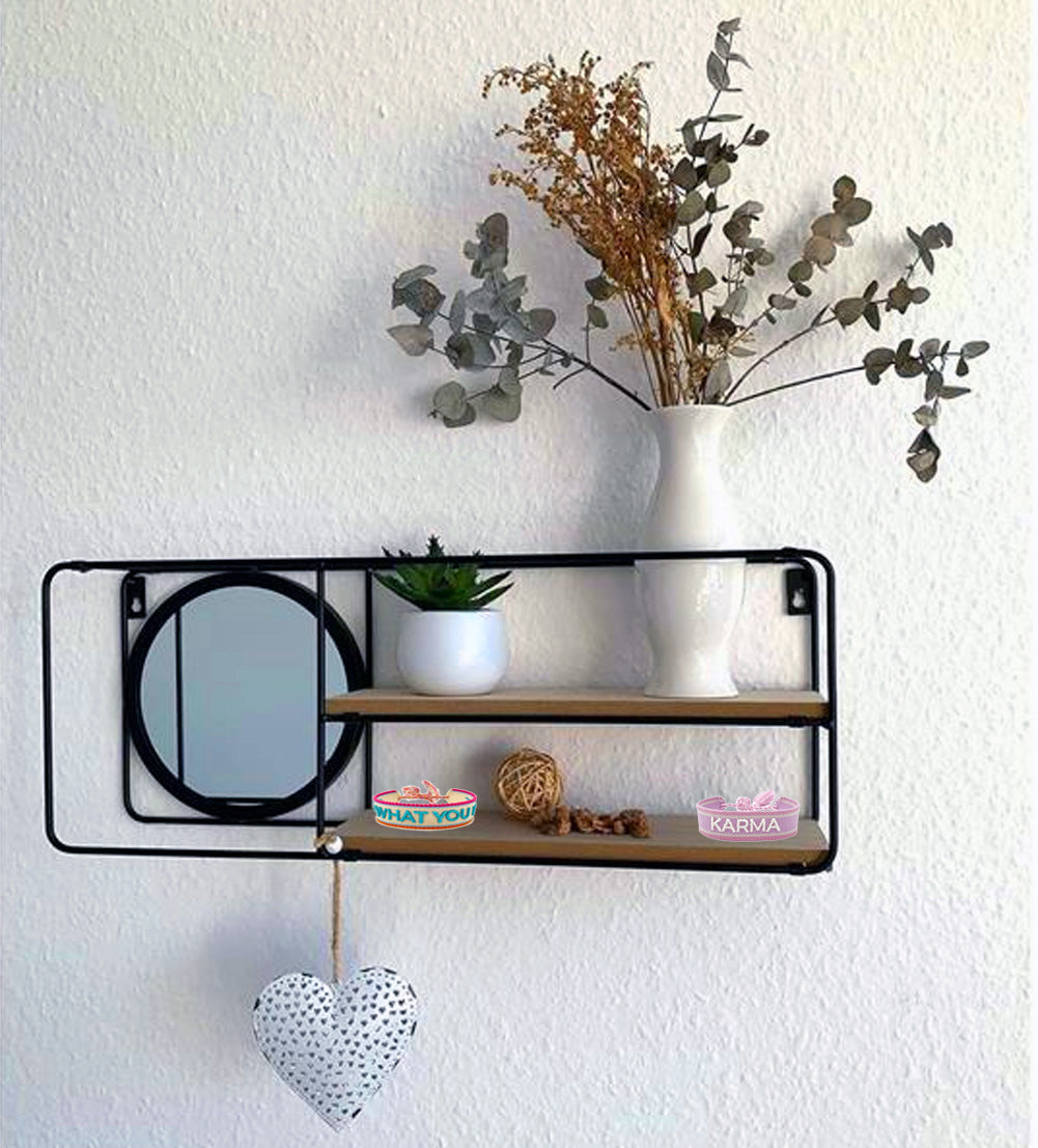 LS-LebenStil Mirror Wandregal mit Spiegel 50cm Schwarz 2 Ablagen