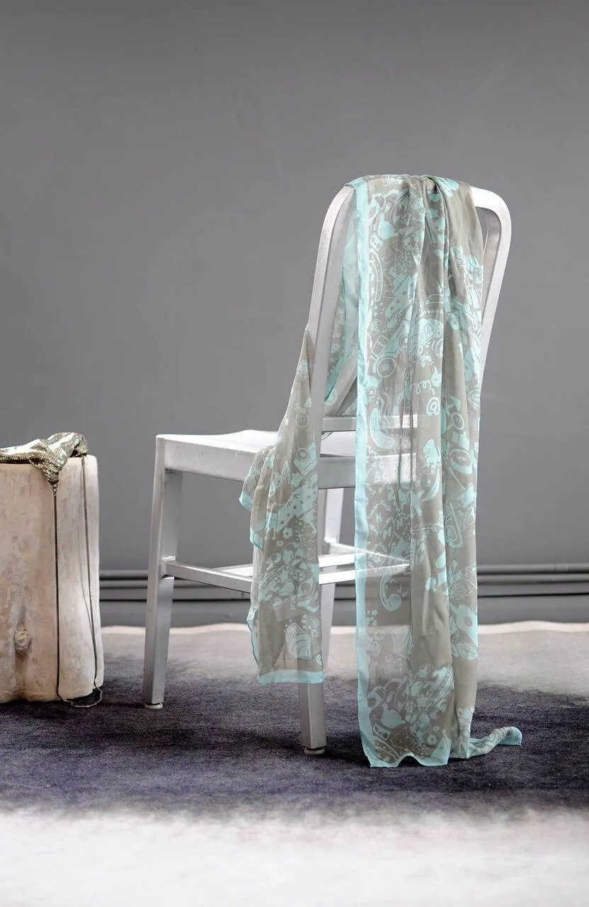 Mineheart New World Damask Schal Grau Blau Seide 70x170