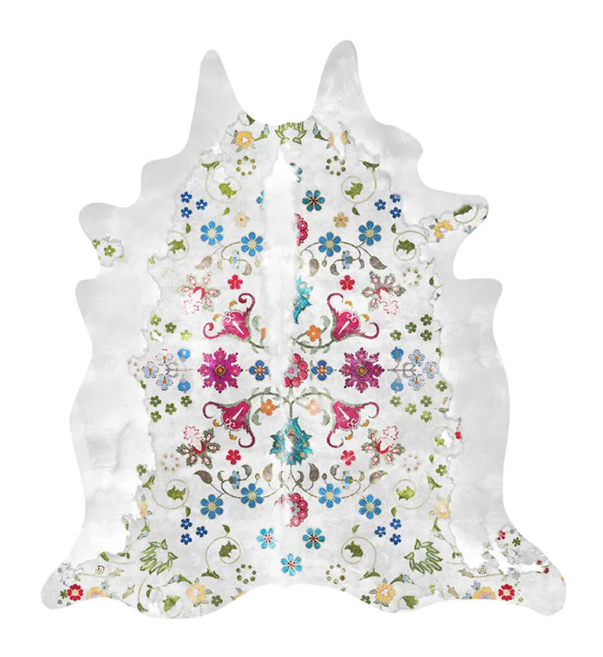 Mineheart Gypsy Kuhfell-Teppich Weiß 165x150 cm Blumen