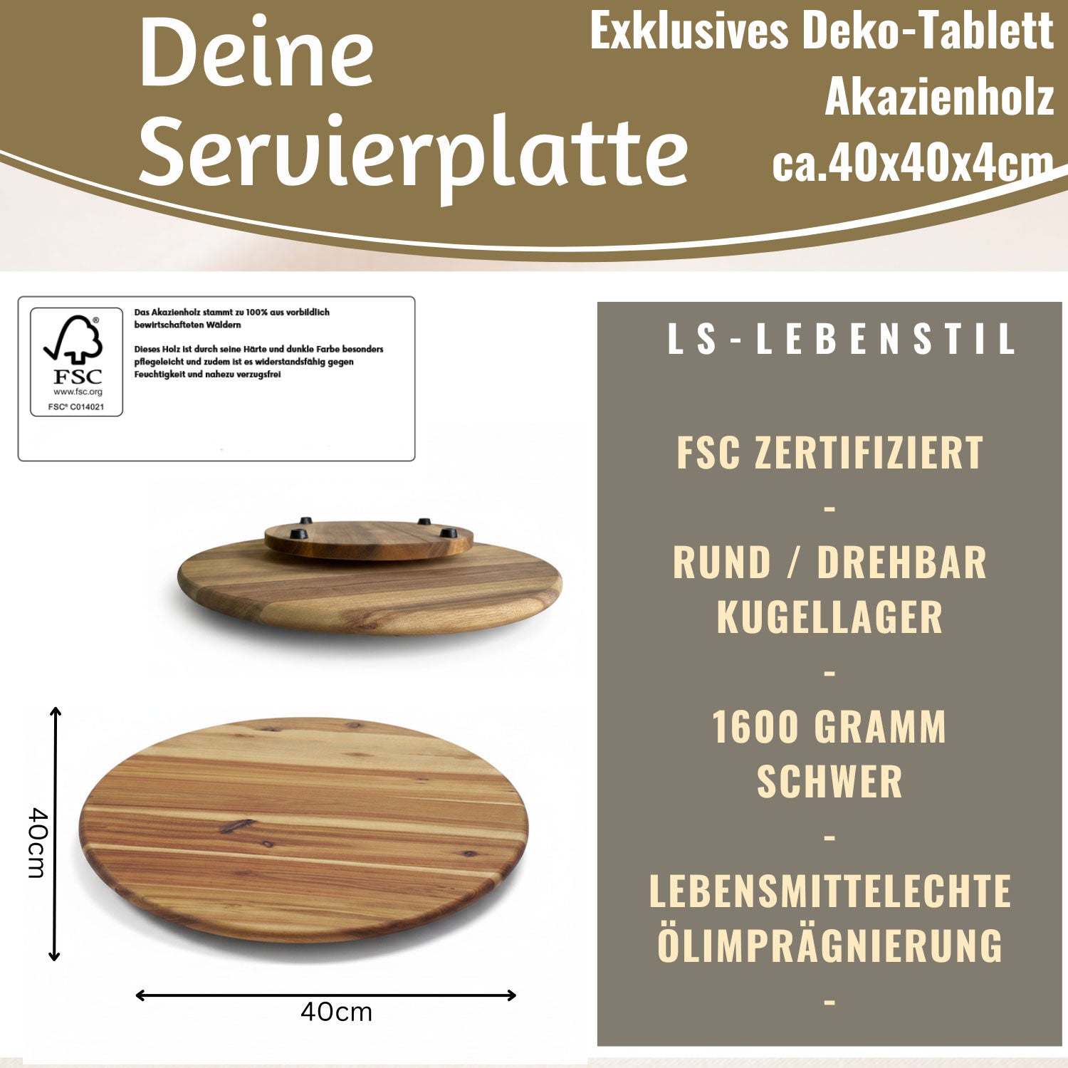 LS-LebenStil XXL Servierplatte Drehteller 40cm Akazie Holz
