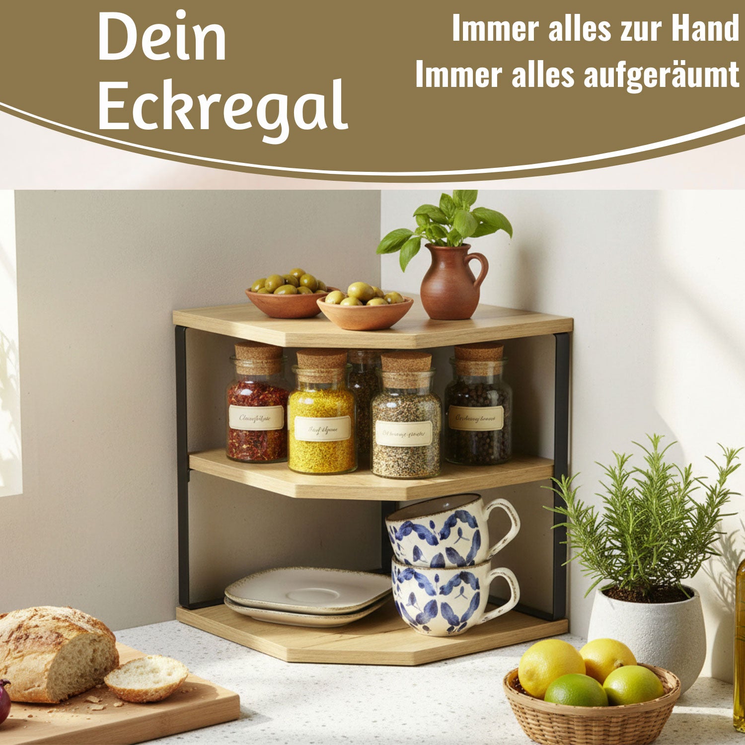 LS-LebenStil Eckregal Holz Metall 27x25cm 3 Ablagen