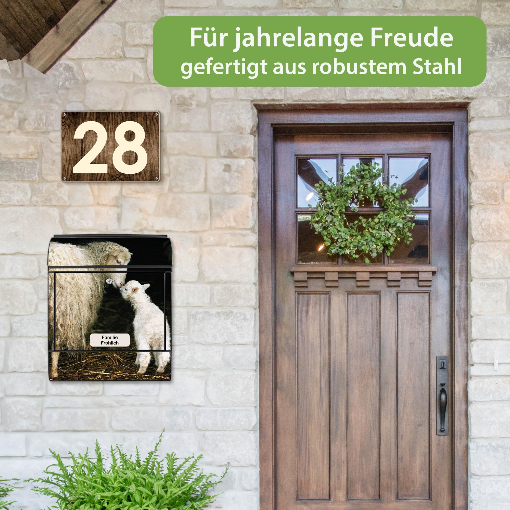 Banjado Briefkasten Stahl 38,5x46,5 cm Schaf und Lamm Schwarz A4