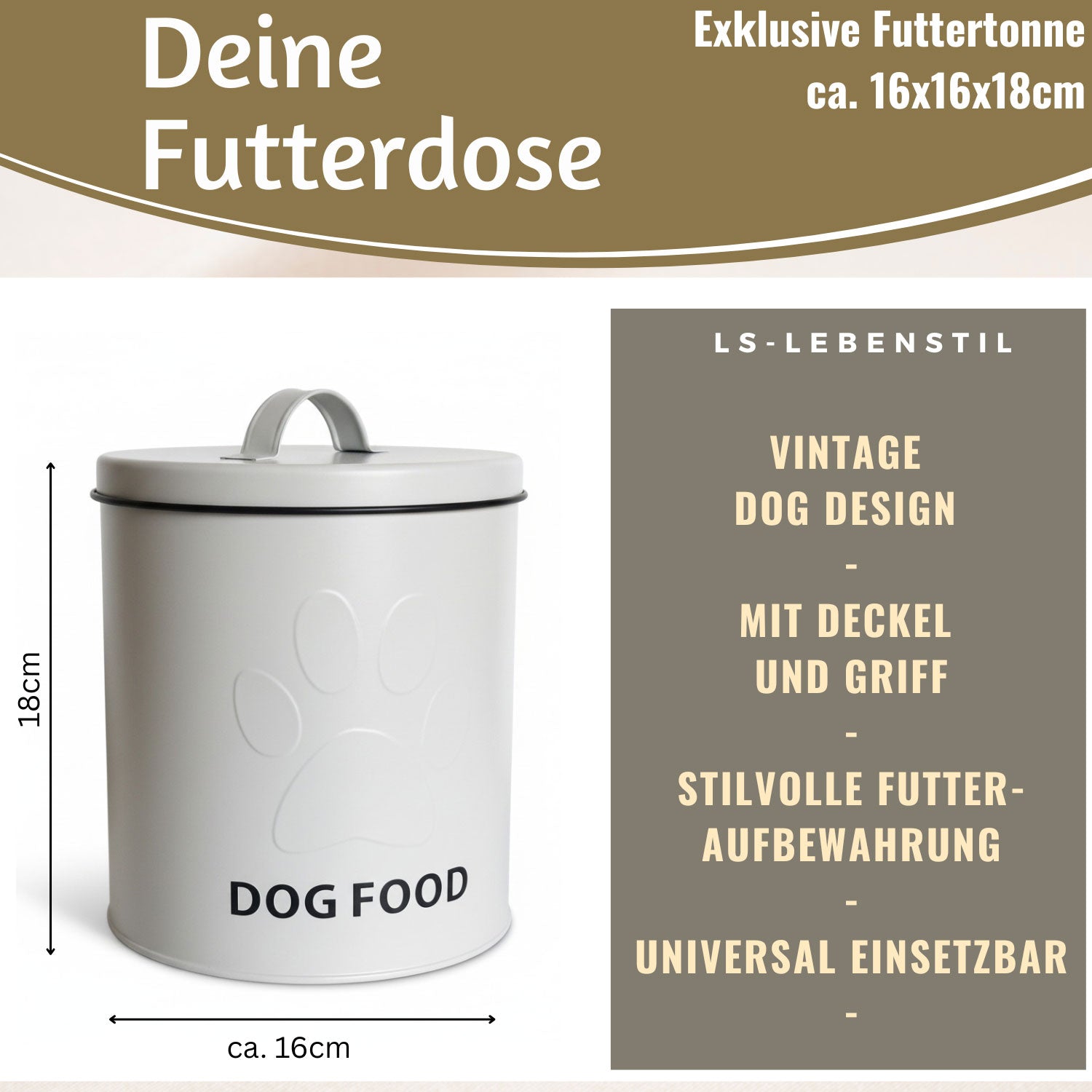 LS-LebenStil Vintage Futtereimer Weiß 18cm Pfoten 4 Liter