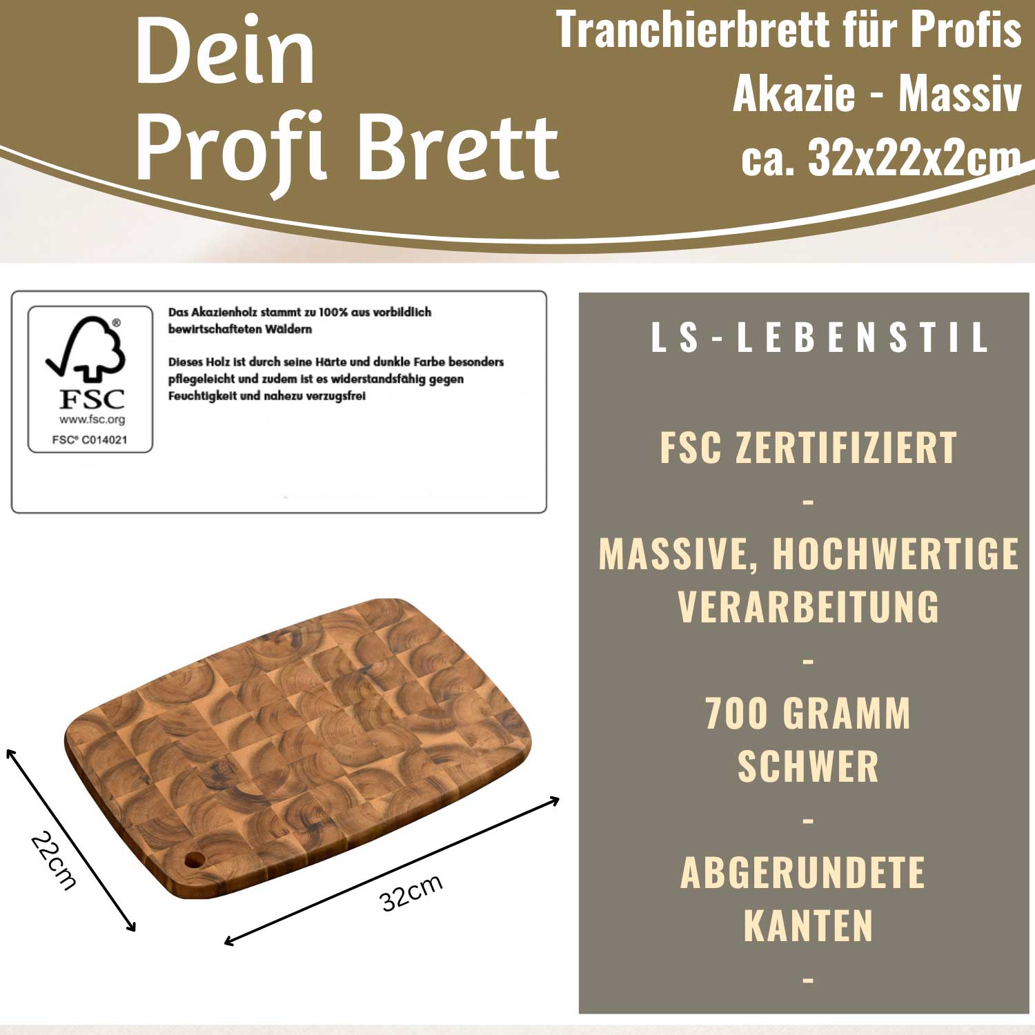 LS-LebenStil Küche Haushalt Stirnholz Schneidebrett 32cm