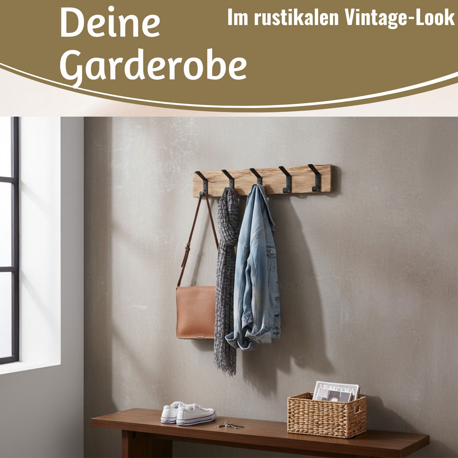 LS-LebenStil Möbel Wohnen Wandgarderobe Eiche 55cm braun 5 Haken