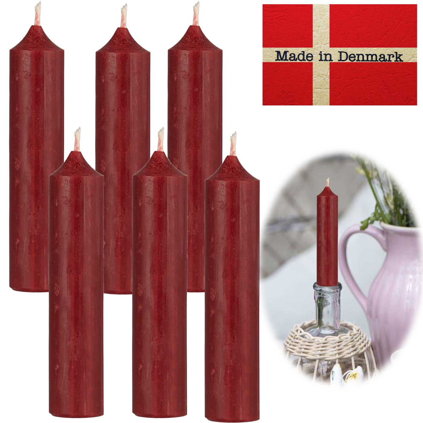 Ribe Stabkerzen Rustik bordeauxrot 11 cm 6er Set