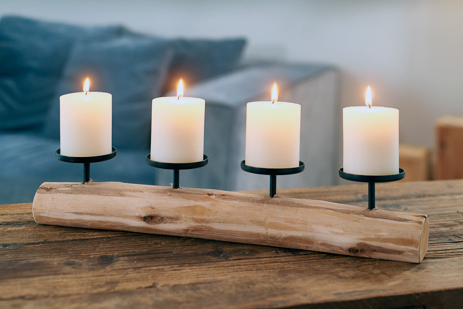 LS-LebenStil Kerzenschale Holz Braun 51cm 4-fach Stumpenkerzen